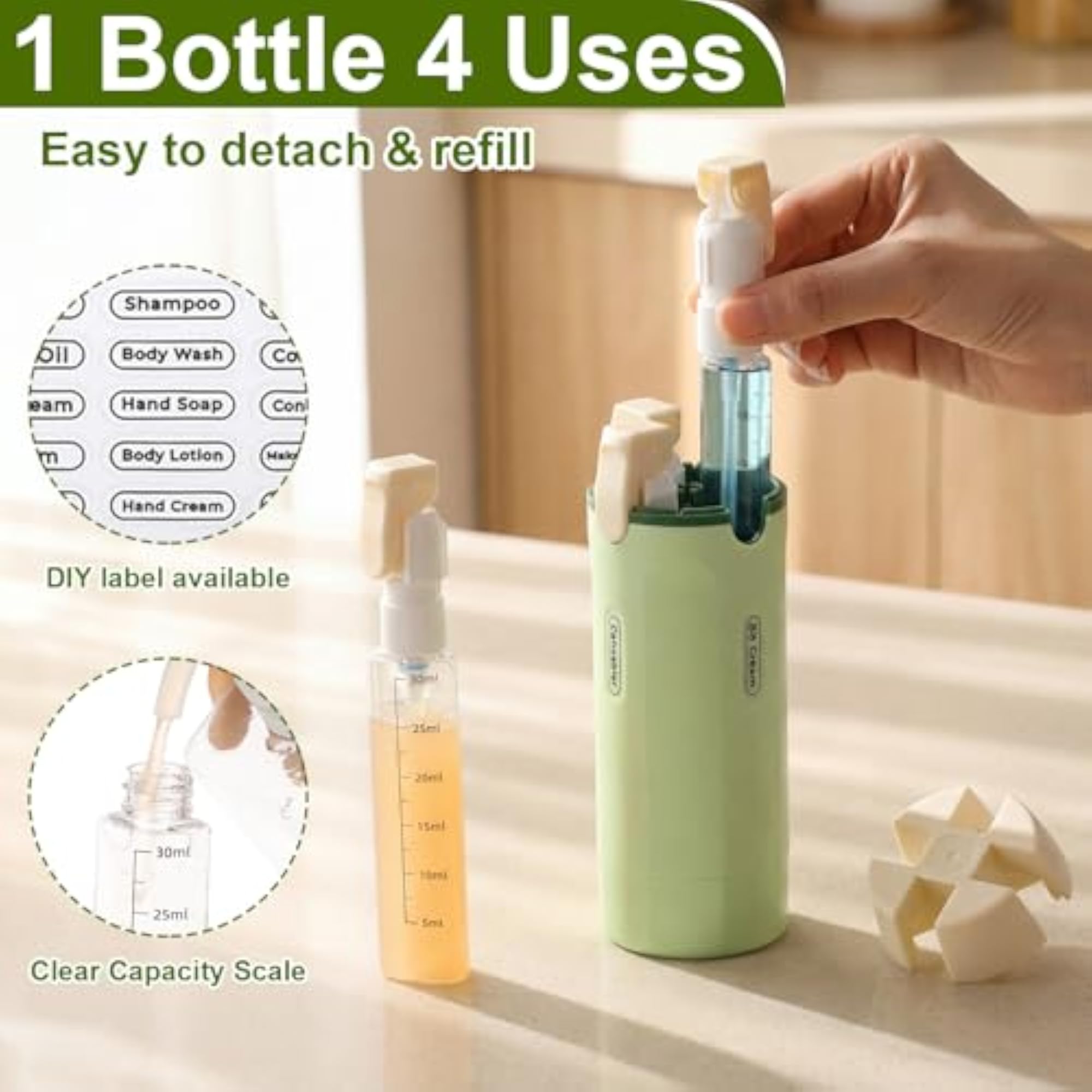4 in 1 Travel Dispenser, Green, Portable Organizer