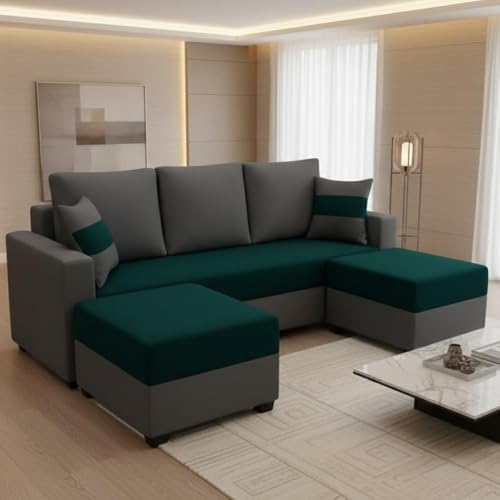 Image of FURNY Aura 5 Seater L Shape Sofa Set with 2 Movable Ottoman | Flexible Left or Right Layout | Plush Velvet Fabric (Greenish Teal-Dark Grey) | Perfect for Living Room, Guest Room & Office