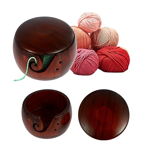 Image of Wooden Yarn Bowl with Lid, 6in Round Knitting Yarn Holder Bowl with Carved Holes,Crochet Bowl for Yarn,Pine Wood Weaving Thread Bowl, Yarn Storage Bowl for Crocheting Accessories (Dark color with