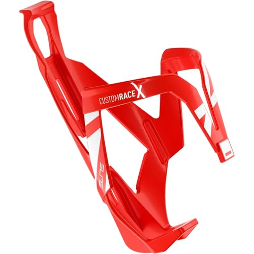 Elite Custom Race X Bottle Cage Red Glossy White Graphic – Ultra Lightweight Side-Entry Bike Bottle Holder 28.5g – Self-Adjusting Fibre-Reinforced – For Road Bike, MTB & Gravel Cycling