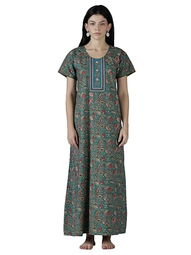 Image of 9shines Label Stylish Pure Cotton Nighty Maxi for Women | Embroidery Neckline Nightgown | A-Line Nightdress with Pocket | Floral Night Gown| Soft Comfortable Cotton Sleepwear (Cotton Yoke)