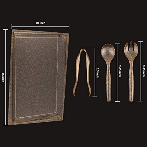 Wellife 24 Pack Plastic Gold Glitter Serving Tray With Disposable Utensils, 6 Rectangle Platter 15” X 10”, 6 Serving Spoons 10”, 6 Serving Forks 10”, 6 Serving Tongs 6.3” For Buffet #TOP1