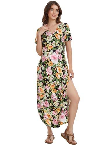 Image of Women's V-Neck Short Sleeve Maxi Sundress Summer Floral Boho Beach Dress with Pockets