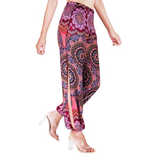 Lofbaz Pantalon de survêtement de Yoga Harem à Fente Moyenne pour Femmes Pyjamas Salon Vêtements de Plage d'entraînement Fleur Floraison Bourgogne M Cover