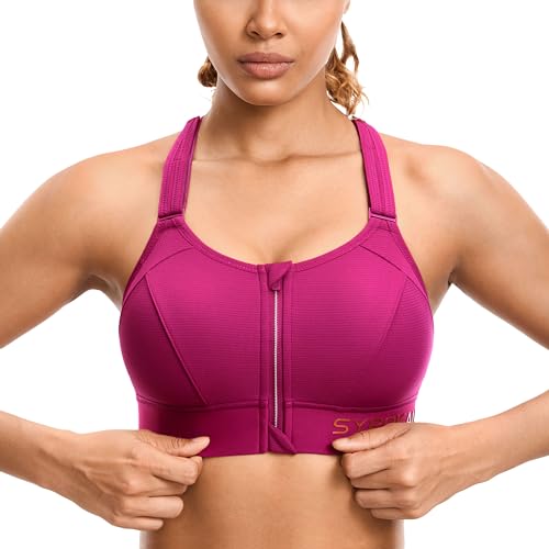 Image of SYROKAN Womens' Sports Bra High Impact Support Zip Front Adjustable Large Bust Racerback Wirefree Padded