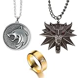 the witcher 3 collar de plata y ambar 3 unidades. Este diseño de bruja proviene del Witcher 3, incluye un collar de medallón de bruja para hombres, un llavero de bruja y un anillo de bruja.