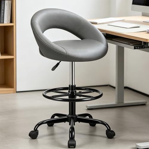 Image of Drafting Chair for Standing Desk - Height Adjustable Rolling Stool with Backrest & Footrest, Tall 360 Swivel PU Leather Chair with Wheels for Office Kitchen Salon, Gray