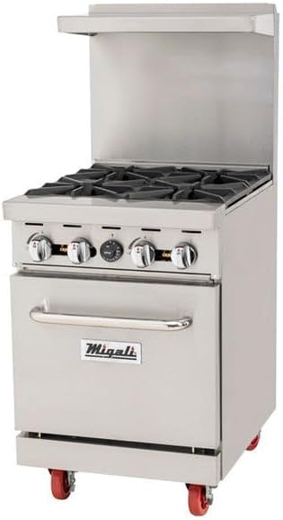 Migali C-RO4B-LP 24" Liquid Propane 4 Burner Range with Oven - 116,000 BTU - High Polished, Stainless Steel Exterior, ETL Listed & Sanitation - Perfect for Commercial Space