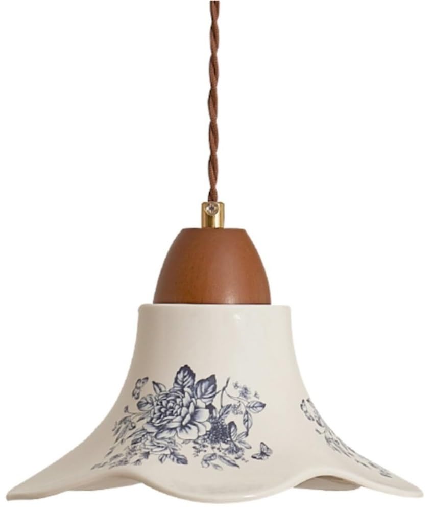 Suspension cuisine en bois et porcelaine artisanale pour îlot central