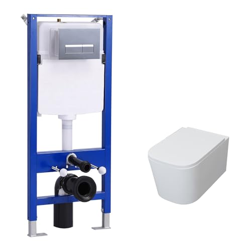 SKY Bathroom 1.14M Concealed Cistern Frame, Rimless Wall Hung Toilet, Soft Close Seat Set丨345BW