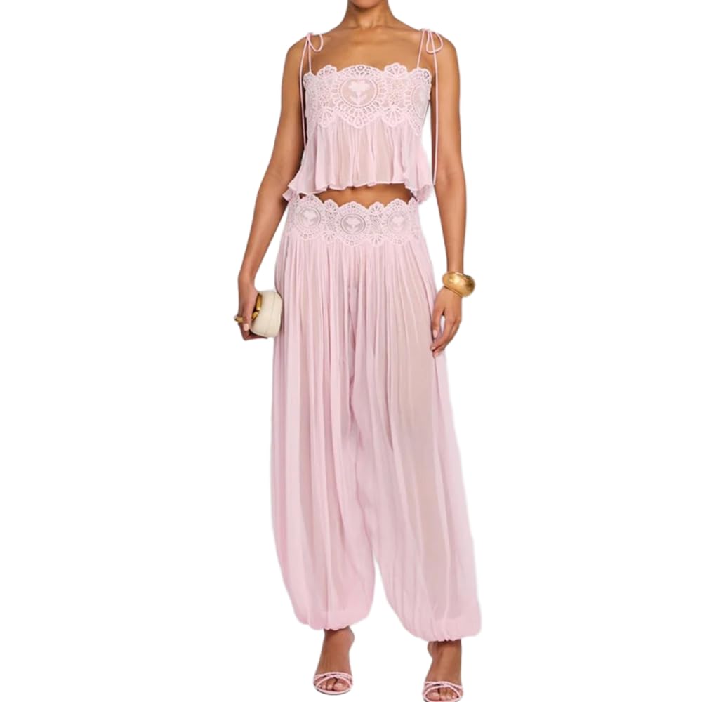 Sexy Lace Mesh See Through Bohemian Two Piece Spaghetti Strap Pleated Crop Top Harem Pants Summer Beach Vacation Set Small Pink