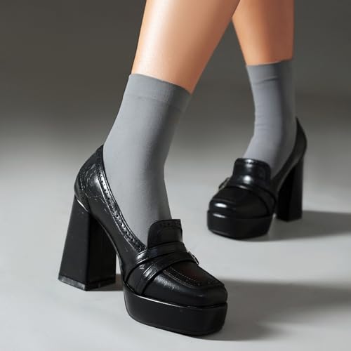 Image of Women's Leather Buckle Chunky High Heel Loafers Pumps Fashion Closed Round Toe Slip On Platform Block Heel Pumps Comfort Office Work Dressy Shoe