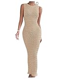 Verdusa Women's Hollow Out Crochet Beach Dress Thigh Split Bodycon Long Tank Dresses Apricot Small
