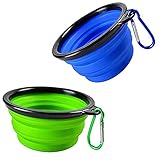 3.VERSÁTIL： Los tazones incluyen mosquetones de color que se pueden sujetar o pegar a su mochila, bolso, caja de viaje para perros, correa de entrenamiento para perros o pliegue plano para su bolsillo , tu cochecito, tu guantera Y MÁS! Suministros fabulosos para mascotas para perros Un tazón de agua o un tazón de viaje para perros.