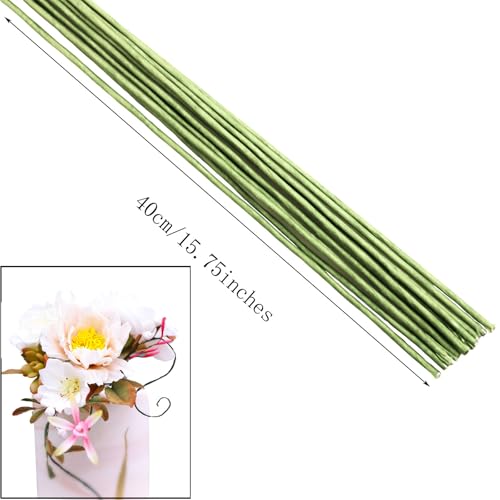 50package floral stems wire for paper flower 16 gauge green floral paper wrapped wire 16 inch artificial crafts wire wreath making supplies for wedding diy