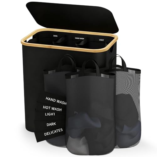 RETSAMV Panier à Linge Pliable 3 Compartiments avec Couvercle – Panier à Linge 160L/145L avec Poches Amovibles pour Tri du Linge – Grand Panier Rangement...