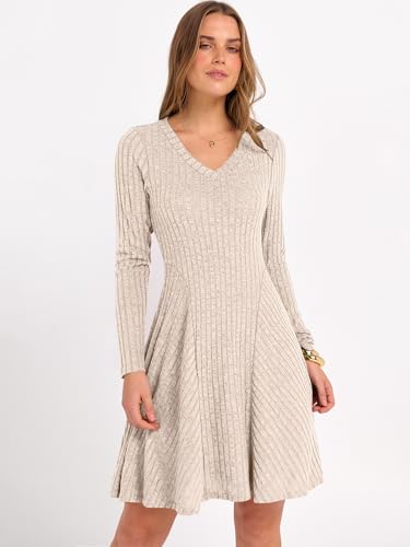 ANRABESS Women Long Sleeve Ribbed Knit Short Dresses 2026 Spring V Neck Casual Swing A Line Sweater Dress Beige X-Large