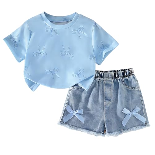 Image of Azmxynol Kid Girls Clothes Outfits Bowknot T-Shirt + 2 In 1 Denim Short Skort Summer Clothing Set, Size 4-10 Years