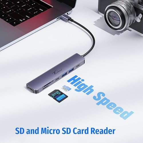 Image of Techie 7-in-1 USB-C Hub with HDMI 4K, 100W PD Charging, USB 3.0, USB 2.0, USB-C, SD /TF Card Readers Aluminum Alloy for MacBook, iPad Pro, Windows, Laptops (Silver)