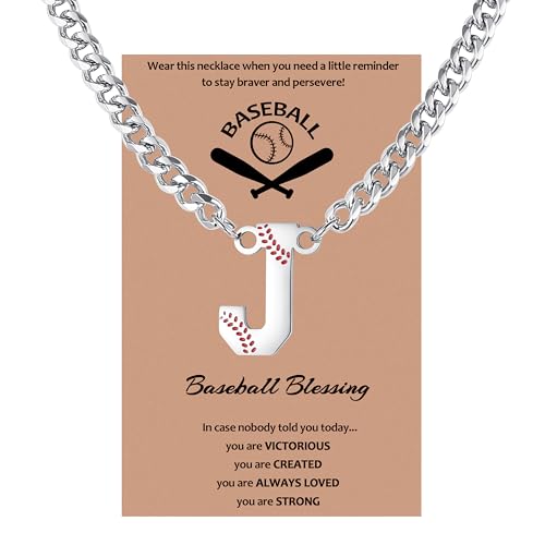 QINJIEJIE Initial Baseball Necklace for Men A-Z Letter Necklaces Sports Accessories Drip Baseball Charm Pendant Jewelry Stainless Steel Silver Chain 22inch Personalized Gift for Men Lover Fans