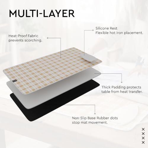 Image of Encasa XO Ironing Mat /Pad (Small 70x50 cm) with Padding, Anti-Slip, Silicone Iron Rest for Steam Press on Tabletop or Bed - Heat Resistant, Portable Travel Friendly - Franca Beige Checks