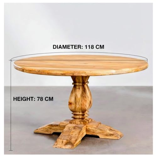 Image of 4-Seater Round Dining Table - Solid Mango Wood - Rustic Natural Finish - Pedestal Base - Farmhouse Kitchen Furniture- Table Only
