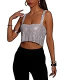 PartyArt Women Tank Top Rhinestones Tops,Sleeveless Trendy Spaghetti Strap Tube Tank Top, Rave Party Clubwear Silver Extra Lage
