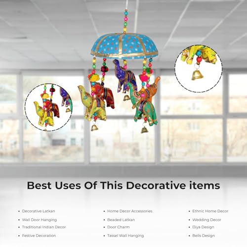 Image of Rajasthani Multicolor Elephants Jhoomer with Bell - Decorative Wind Chimes for Door & Wall Hanging, Ideal Home Decor & Gift Showpiece (Sky Blue)