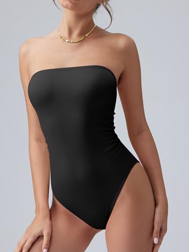 OQQ Womens Tube Bodysuits Strapless Basic Sleeveless Ruched Stretch Classic-Fit Tops Sexy Bodysuits2
