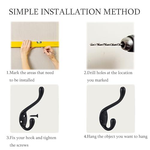 Jukzi Coat Hooks 5 Pack - Heavy Duty Wall Mounted Two Prongs Matte Black Double Hooks for Hanging Clothes/Towels - Sturdiness Design with Better Mounting System - Image 4