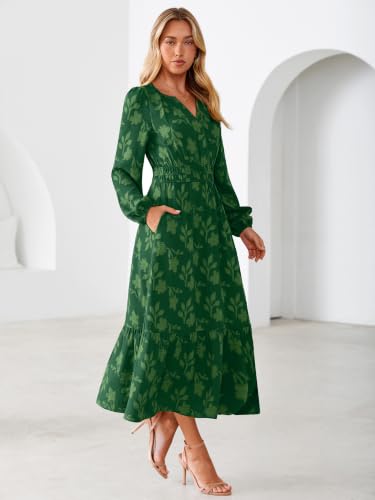 Simplee Women's Boho Floral Long Sleeve Maxi Dress Fall V Neck Empire Waist Swing Flowy Wedding Guest Dress Emerald Green L — view 3