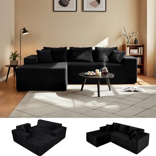 Claiks 104' Boneless Couch, Cloud Couch Sectional, L-Shape Corduroy Modular Sectional Sofa Deep Seat, Upholstered Couches for Living Room, No Assembly Required, Black, Left Facing Chaise