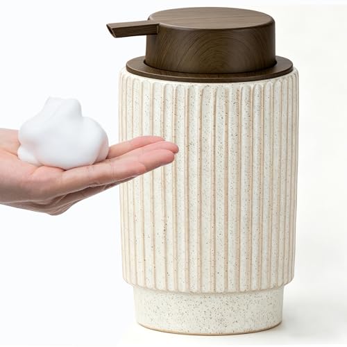 Image of Foaming Soap Dispenser, 350ml/12 oz Ceramic Pump Bottle Refillable Liquid Hand Wash Foam Soap Dispenser for Bathroom, Kitchen, Countertop, Laundry Room, Sink(Wood Grain Foam Pump)