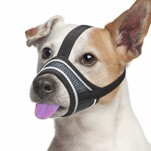 Dog Muzzle, Poonpand [Upgraded] Nylon Soft Muzzle Anti-Biting Barking Secure, with Reflective Strip & Overhead Strip, Mesh Breathable Pets Muzzle for Small Medium Large Dogs 4 Colors 5 Sizes