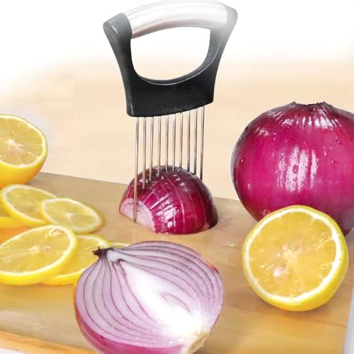 Stainless Steel Onion Slice Holder?Lemon Slicer Onion Cutter for Slicing, Vegetable Cutter for Potato and Tomato?Kitchen Chopper Slicing Assistant Tool (Black+Blue)