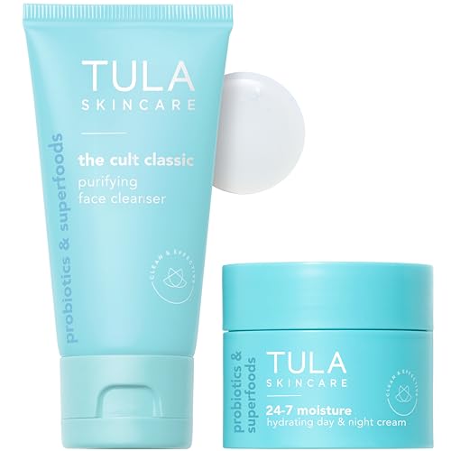 TULA Skincare Petite Treats - Includes Travel Sized 24-7 Moisture Hydrating Day & Night Cream and Cult Classic Purifying Face Cleanser, 2-piece set
