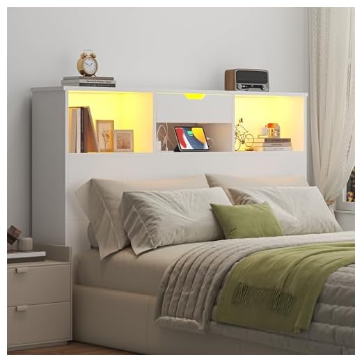 Nosepen Full/Queen Headboard with Storage Shelf and Drawers, Morden White Headboard with Charging Station & LED Lights, Wood Deep Bookcase Headboards for Bedroom, 2 Tiers Storage, White