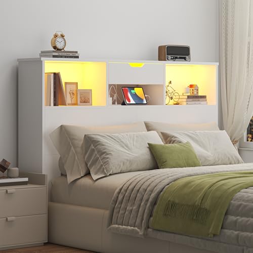 Nosepen Full/Queen Headboard with Storage Shelf and Drawers, Morden White Headboard with Charging...