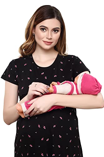 Image of TIGYWIGY Women's Cotton Printed Knee Length Maternity /Feeding /Nursing Nighty
