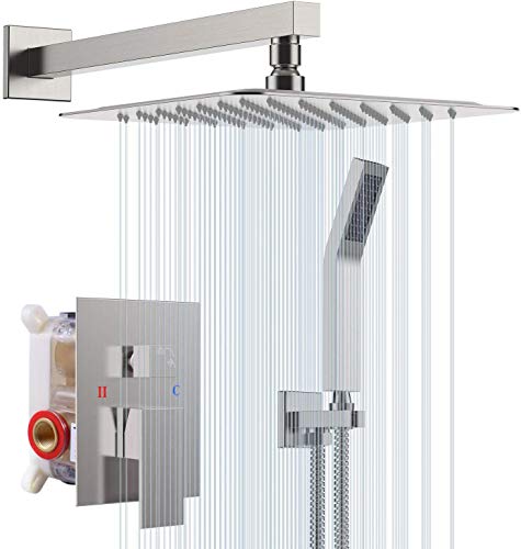 S R SUNRISE Sistema de Ducha de níquel Cepillado para Cuarto de baño, Moderna tecnología Air Injection, Cabezal de Ducha Cuadrado de 12", fácil instalación, Respetuoso con el Medio Ambiente
