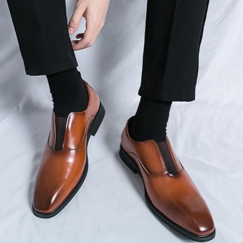 Men's Leather Elastic Band Low Top Dress Business Loafers Fashion Square Toe Low Heeled Slip-On Formal Tuxedo Derby Shoes Classic Plain Toe Modern Formal Leather Shoes2