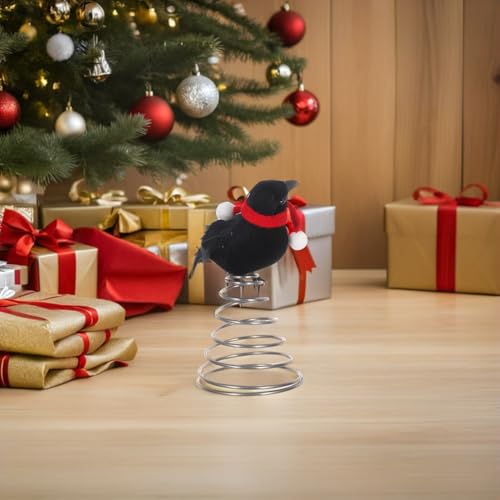 Cuervo Negro Navideño de Metal con Bufanda Roja para Punta de Árbol 6