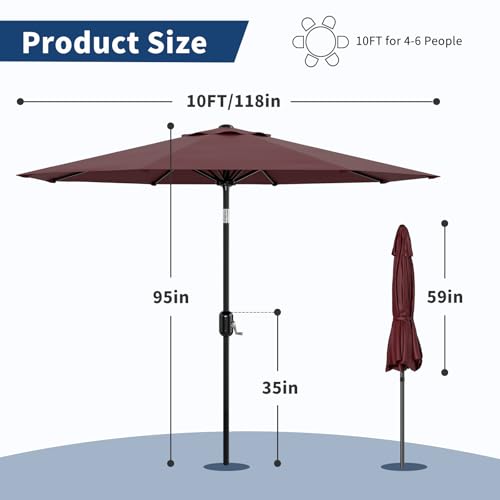 9Ft Patio Umbrella - 8 Sturdy Ribs Outdoor Table Umbrella with Crank Lift & Push Button Tilt - Market Umbrella for Pool, Deck, Yard, Garden - Dark Red
