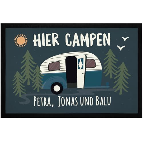 SpecialMe® Fußmatte Camping personalisiert Namen Familie Geschenke für Camper Wohnwagen rutschfest & waschbar Schwarz 60x40cm