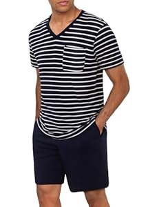 Litherday Schlafanzug Herren Kurz Pyjama Baumwolle Sommer Pyjama Set Kurzarm Zweiteiliger Nachtwäsche Männer Gestreift