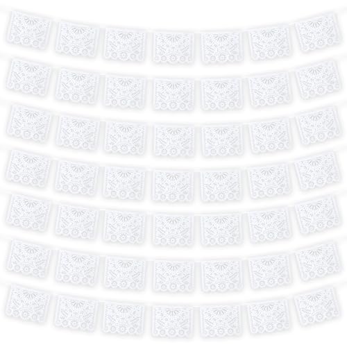 MARFOREVER White Papel Picado Banner 33 Ft Cinco De Mayo Plastic Mexican Flag Banner Fiesta Party Decoration Mexico Wedding Decor Baby Shower Dia de Los Muertos Cielito Lindo Theme Decor