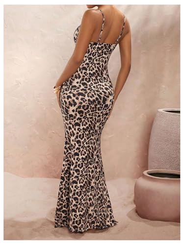 GORGLITTER Women's Cheetah Leopard Print Bodycon Maxi Dress Y2K Animal Print Lace Spaghetti Strap Cami Dresses3