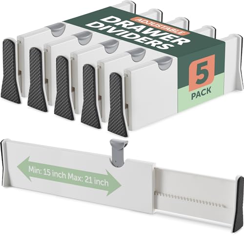 Image of Adjustable Tall Drawer Dividers, [5 Pack] Adjusting Length from 15 Inch - 21 Inch, Drawer Organizers for Clothes, Locks in Place, Use for Bedroom, Bathroom, Kitchen & Office Organization and Storage.