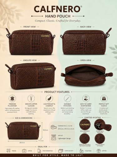 Image of Calfnero Genuine Leather Toiletry Bag for Men & Women | Premium Leather Travel-Pouch | Toiletry Organizer | Cosmetic & Shaving Kit Bag | Unisex Travel Dopp Kit (Cognac-Croco)