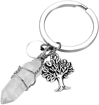 Jovivi Clear Crystal Quartz Hexagonal Gemstone Wire Wraped Crystal Healing Point Chakra Pendant Keychain Silver Tree of Life Charm Keyring